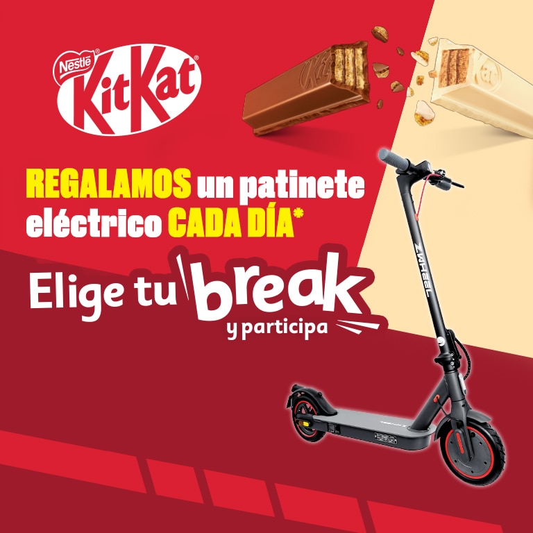 ¡KITKAT regala CADA DÍA 1 Patinete Eléctrico!  - Certificado de homologación de la Dirección General de Tráfico (DGT) en 2024. - Autonomía de hasta 20km. - Conexión Bluetooth. - Nueva batería de alto rendimiento. - Velocidad cruzero configurable.  Compra cualquier pack de Barritas KITKAT y sube el ticket de compra a la web.